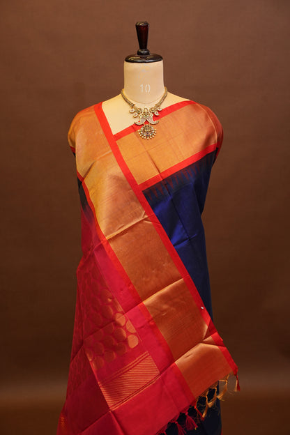 Pure Kuppadam Korvai Pattu Saree-Royal Blue & Red
