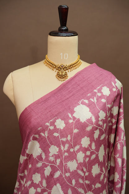 Semi Raw Silk Saree – Rose Pink Floral Elegance