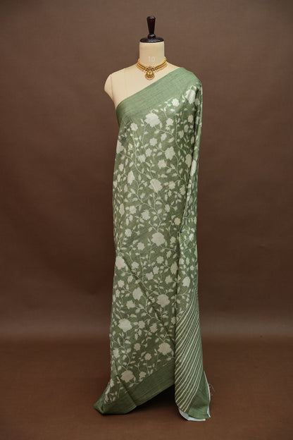 Semi Raw Silk Floral Saree – Sage Green