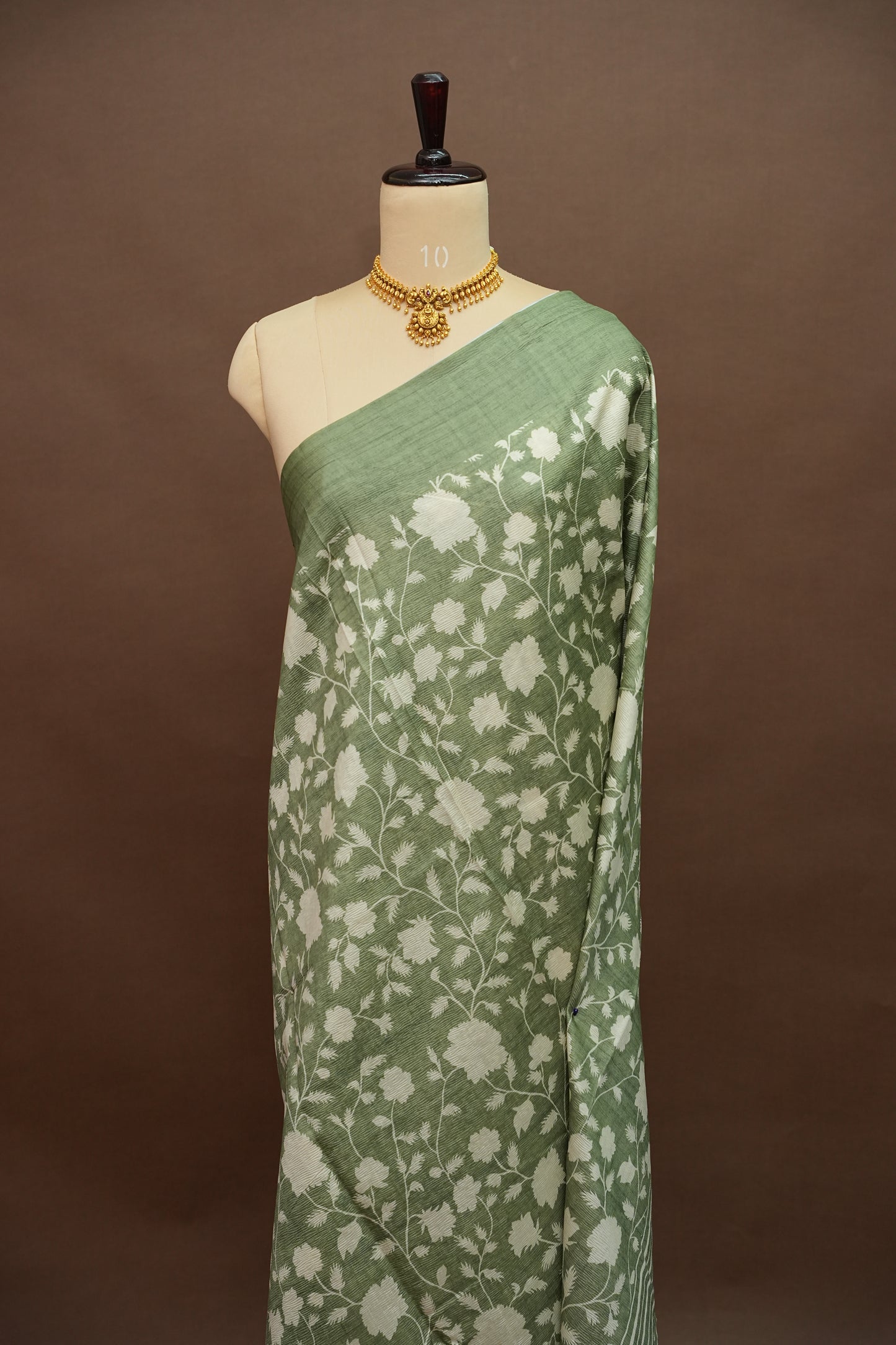 Semi Raw Silk Floral Saree – Sage Green