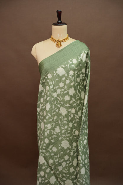 Semi Raw Silk Floral Saree – Sage Green