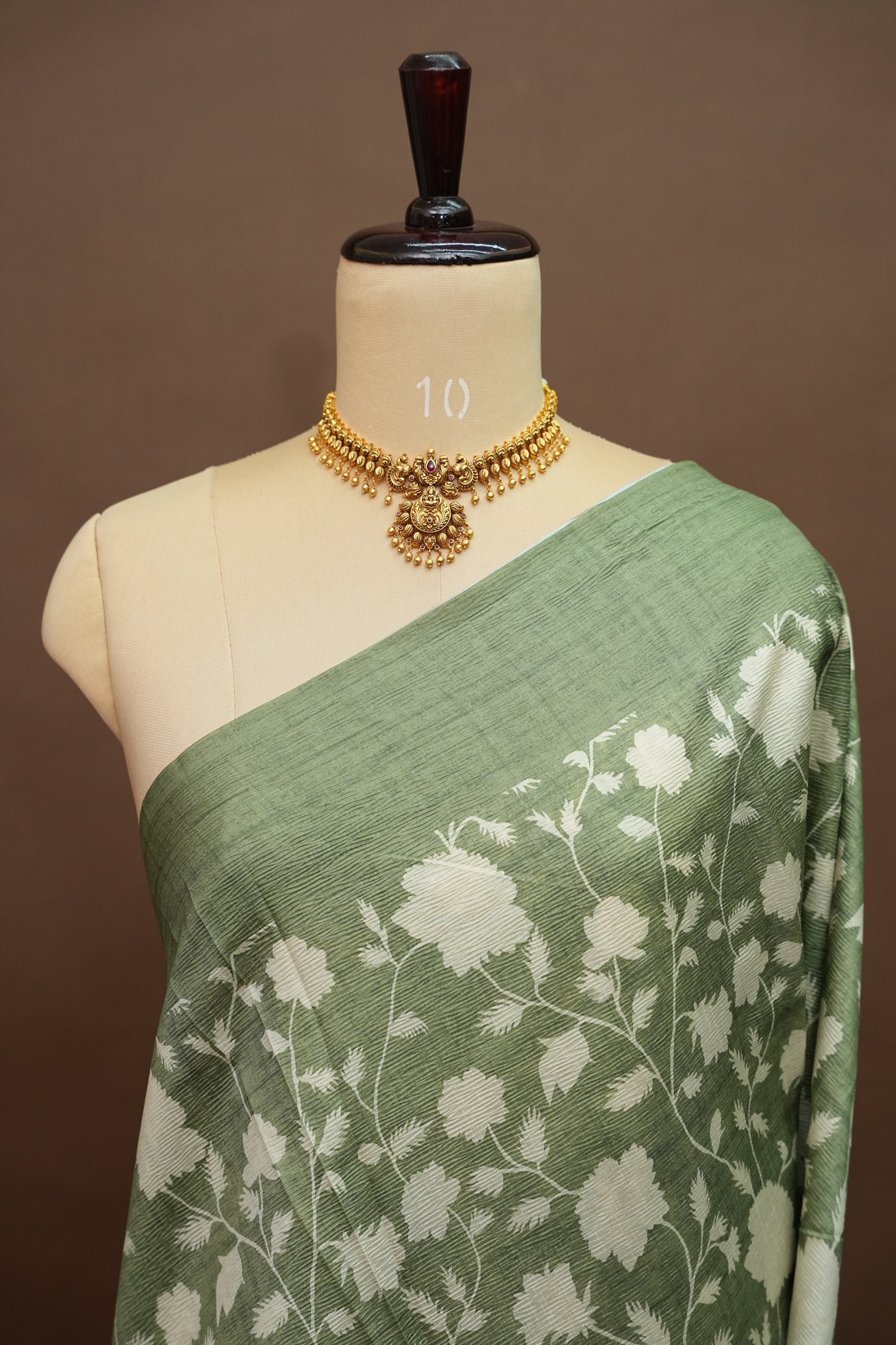 Semi Raw Silk Floral Saree – Sage Green