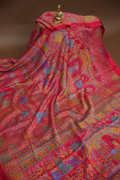 Semi Georgette Saree with Royal Palace Heritage Print – Rani Pink