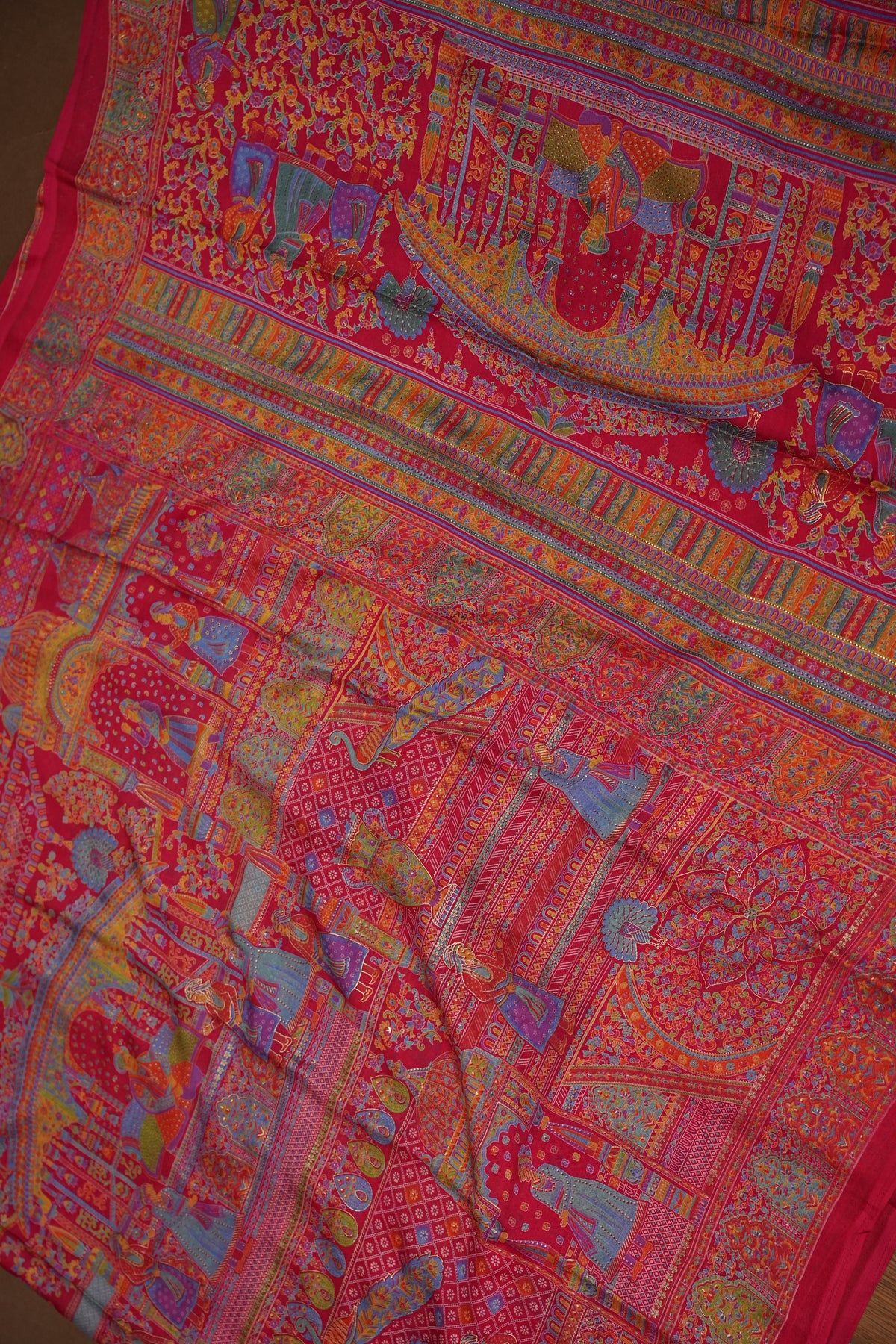 Semi Georgette Saree with Royal Palace Heritage Print – Rani Pink