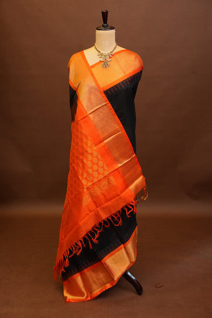 Pure Kuppadam Korvai Pattu Saree-Black & Orange
