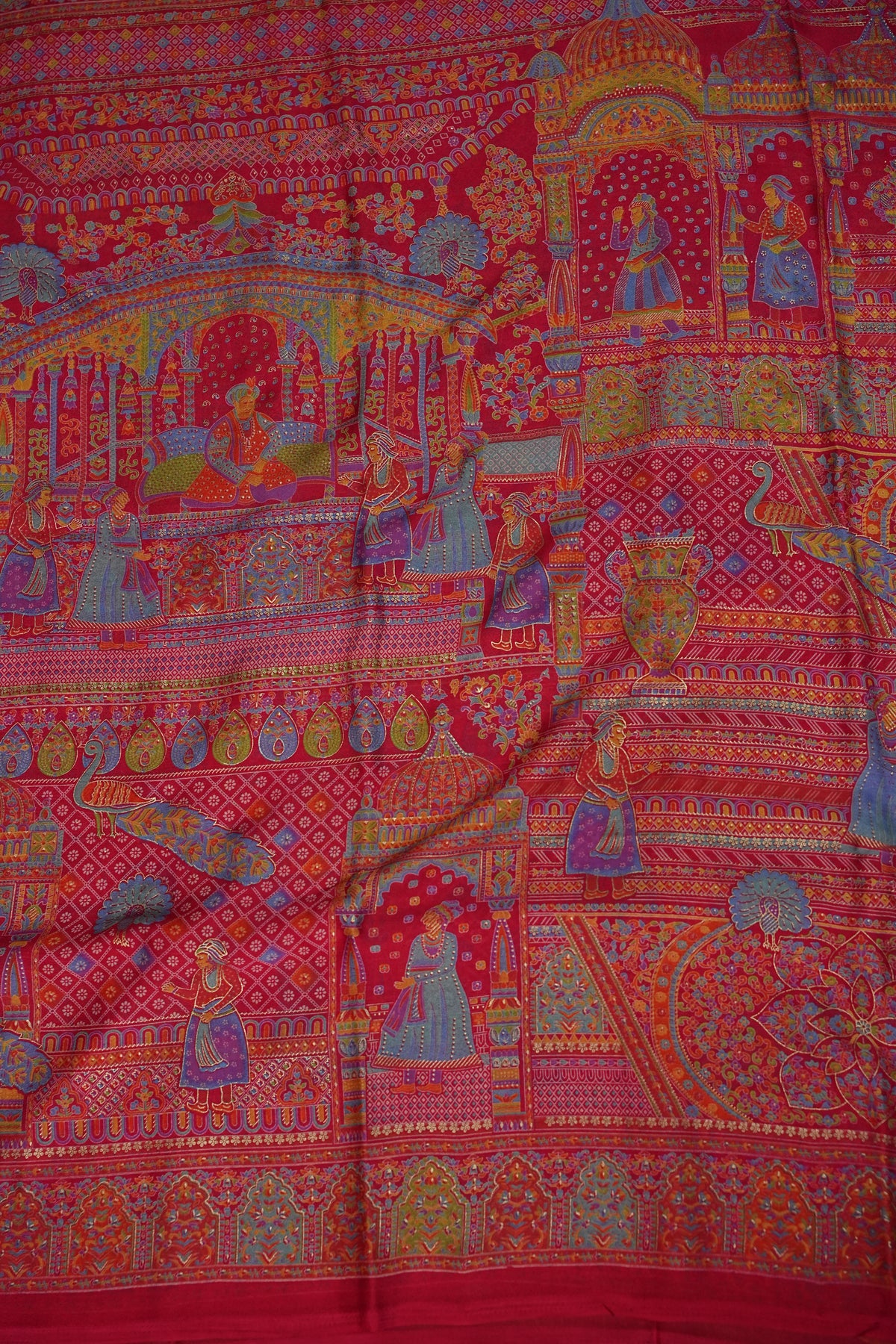 Semi Georgette Saree with Royal Palace Heritage Print – Rani Pink