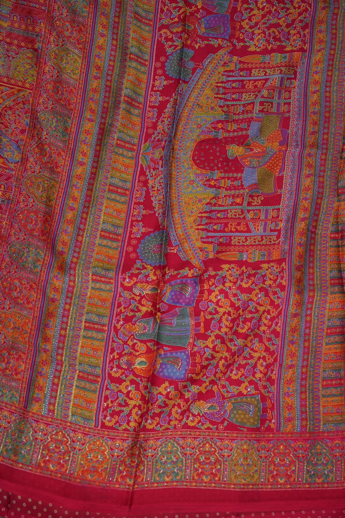 Semi Georgette Saree with Royal Palace Heritage Print – Rani Pink