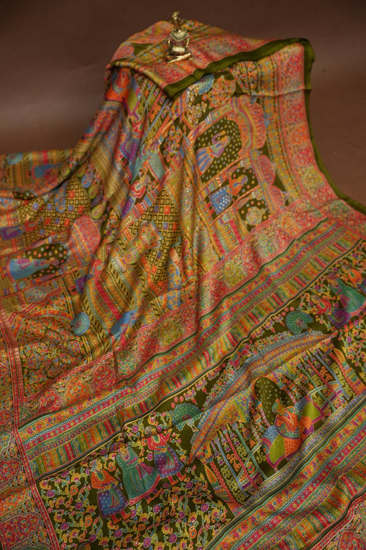 Semi Georgette Saree with Royal Palace Heritage Print – Olive Green