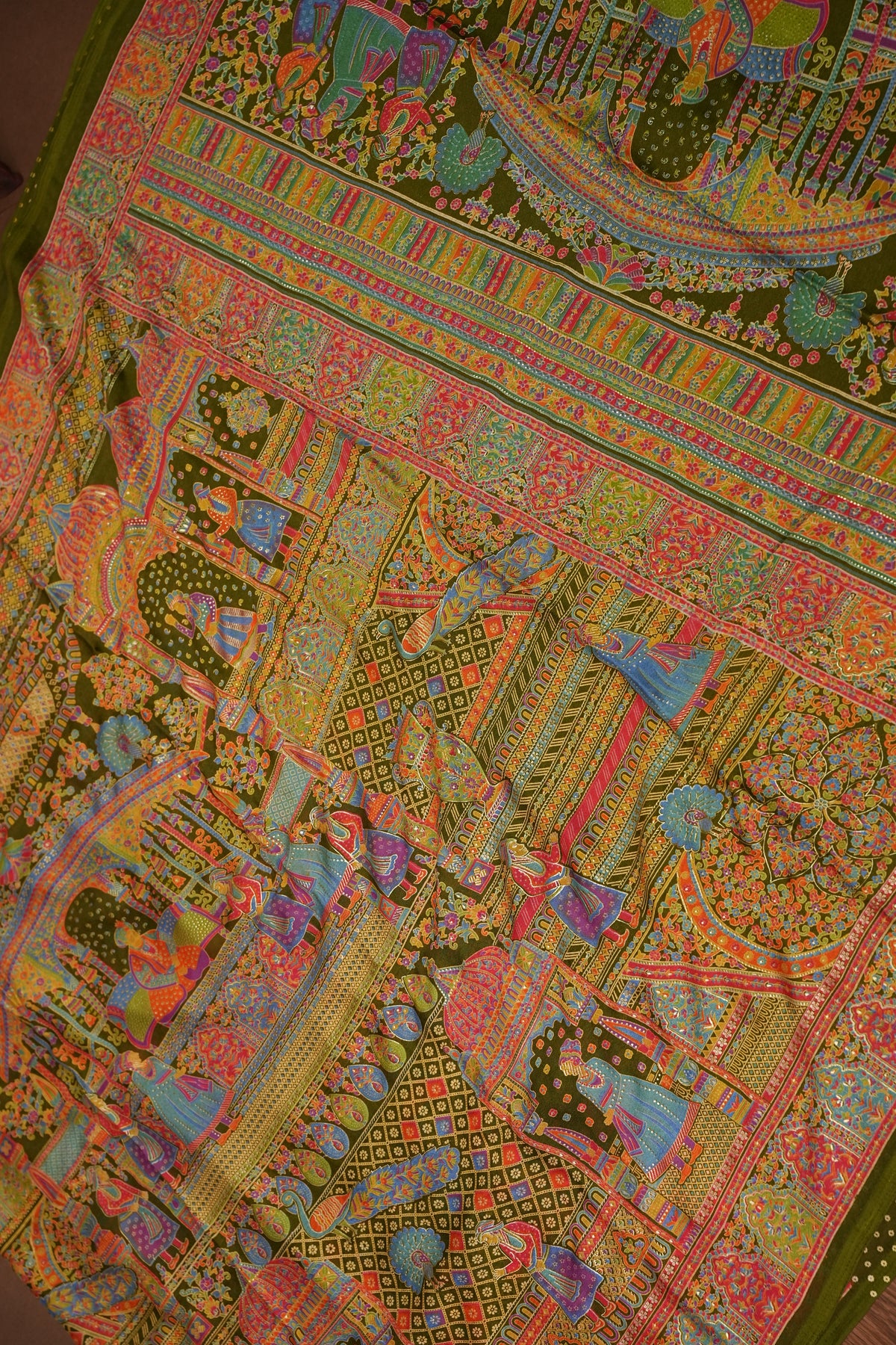 Semi Georgette Saree with Royal Palace Heritage Print – Olive Green