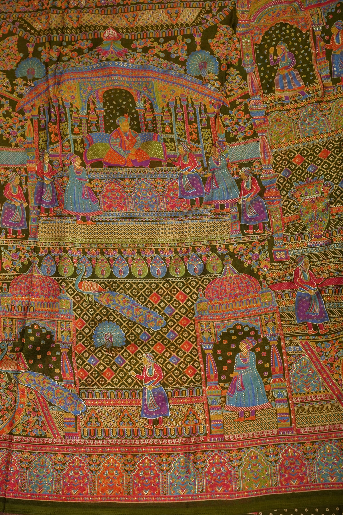 Semi Georgette Saree with Royal Palace Heritage Print – Olive Green