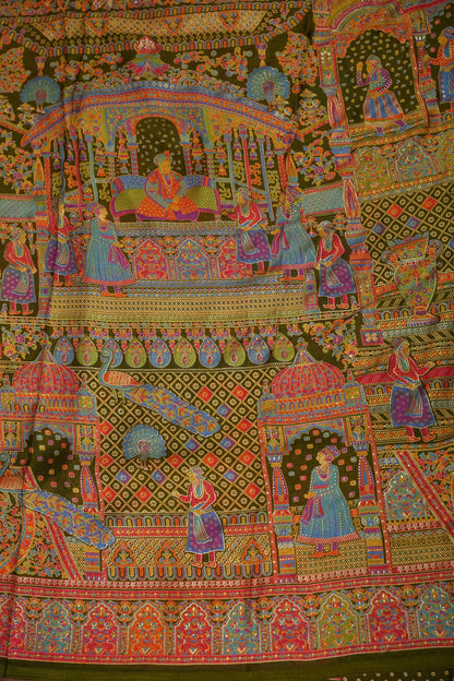 Semi Georgette Saree with Royal Palace Heritage Print – Olive Green