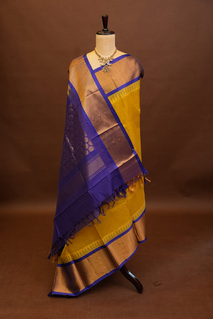 Pure Kuppadam Korvai Pattu Saree-Golden Yellow & Blue