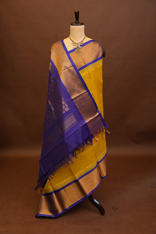 Pure Kuppadam Korvai Pattu Saree-Golden Yellow & Blue