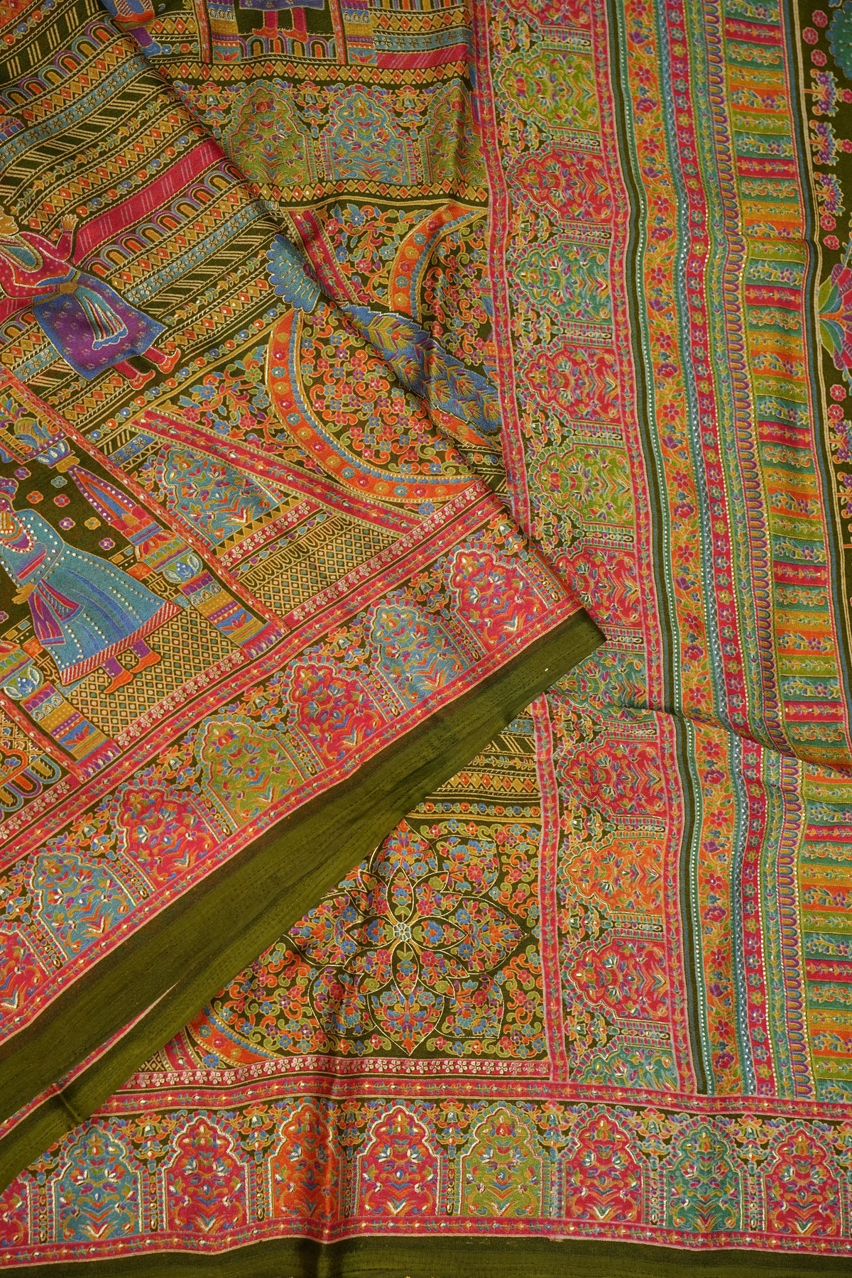 Semi Georgette Saree with Royal Palace Heritage Print – Olive Green