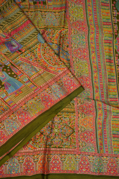 Semi Georgette Saree with Royal Palace Heritage Print – Olive Green