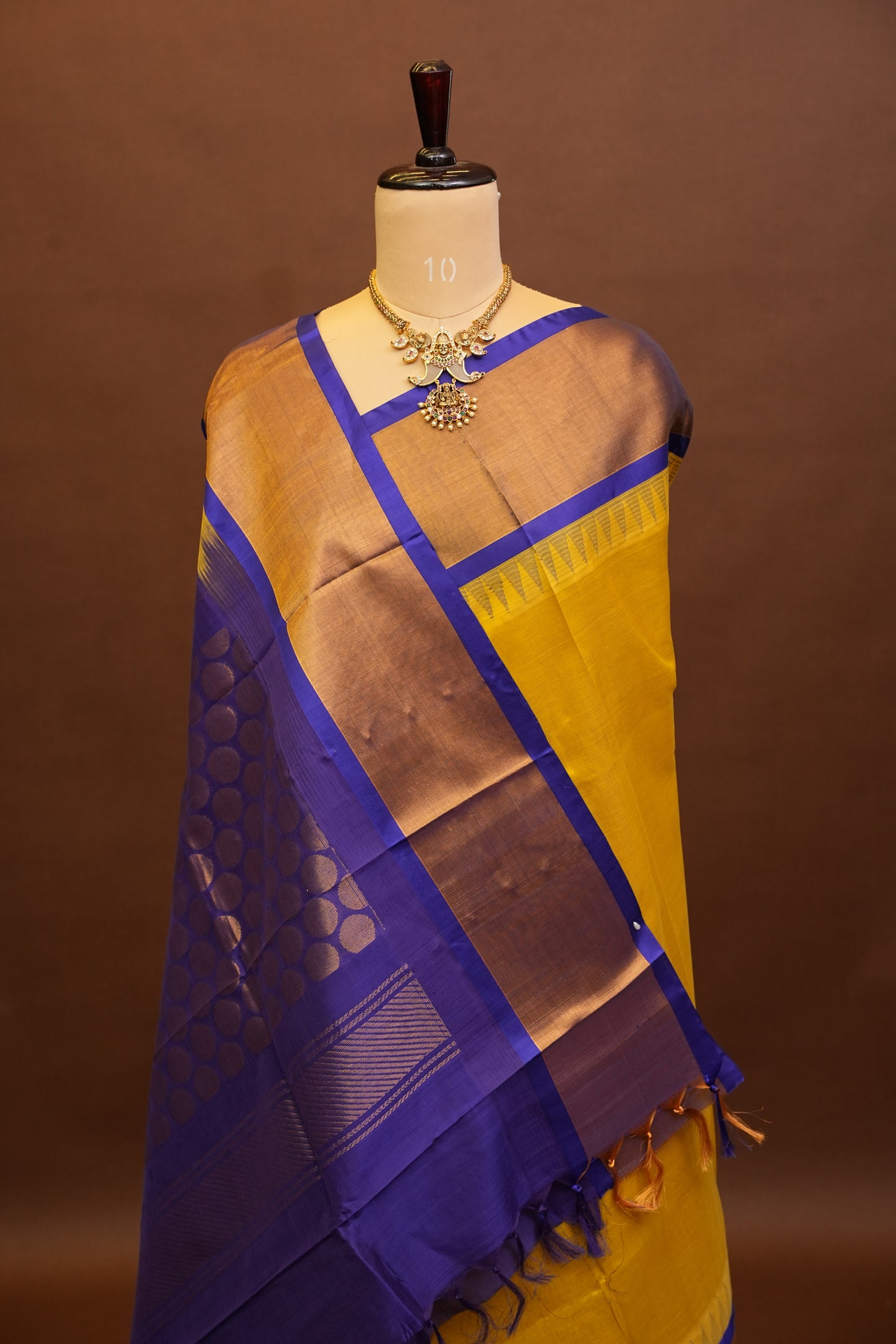 Pure Kuppadam Korvai Pattu Saree-Golden Yellow & Blue
