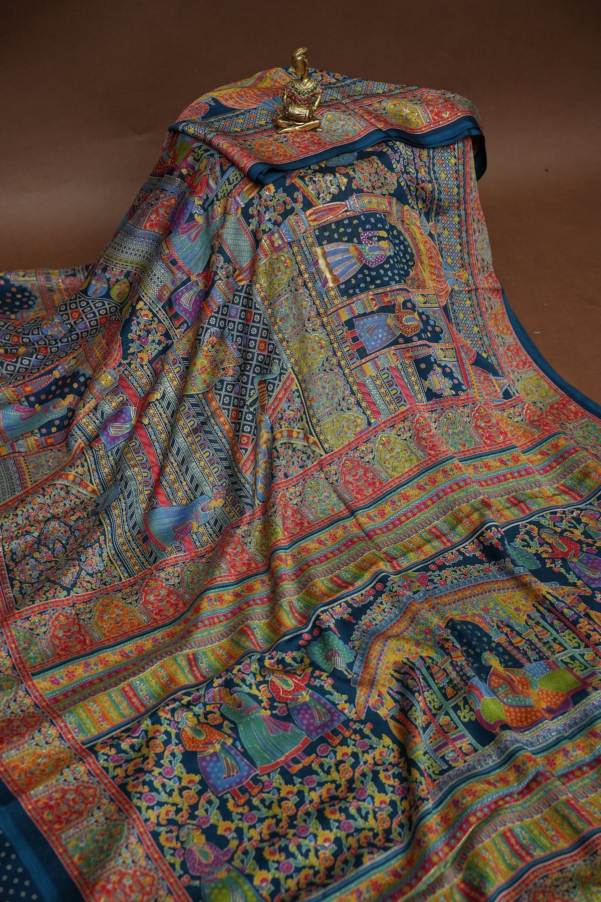 Semi Georgette Saree with Royal Palace Heritage Print – Teal Blue