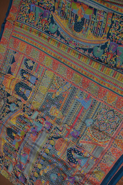 Semi Georgette Saree with Royal Palace Heritage Print – Teal Blue