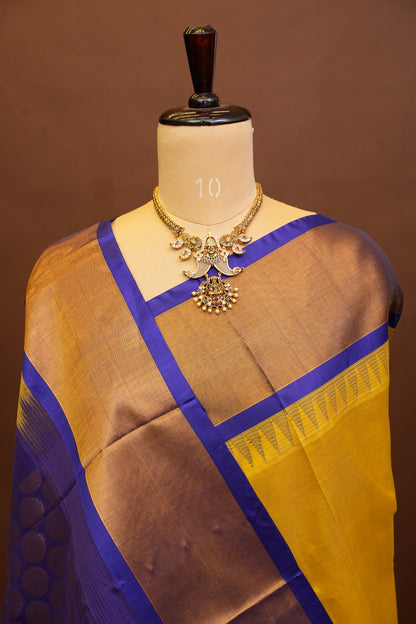Pure Kuppadam Korvai Pattu Saree-Golden Yellow & Blue