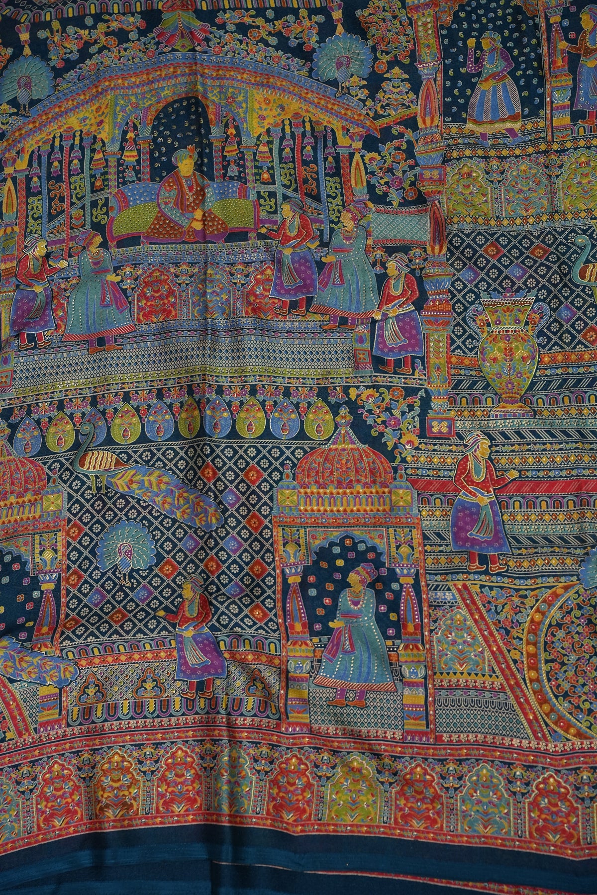 Semi Georgette Saree with Royal Palace Heritage Print – Teal Blue