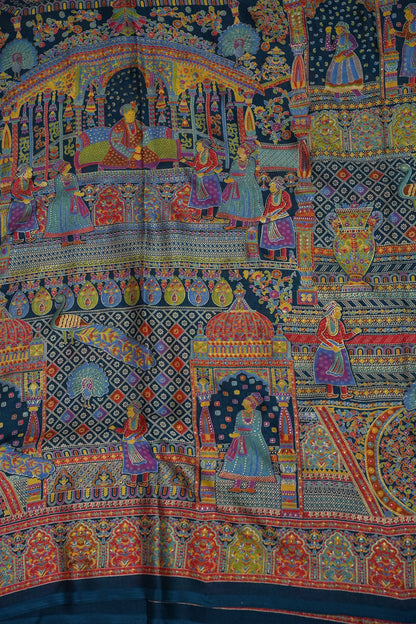 Semi Georgette Saree with Royal Palace Heritage Print – Teal Blue