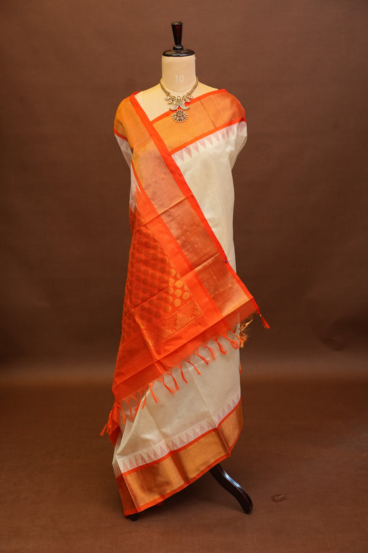 Pure Kuppadam Korvai Pattu Saree-Ivory and Orange