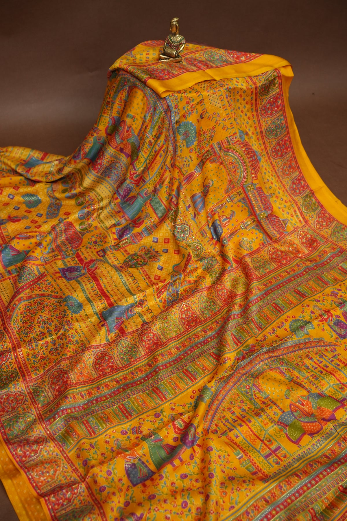 Semi Georgette Saree with Royal Palace Heritage Print – Mustard