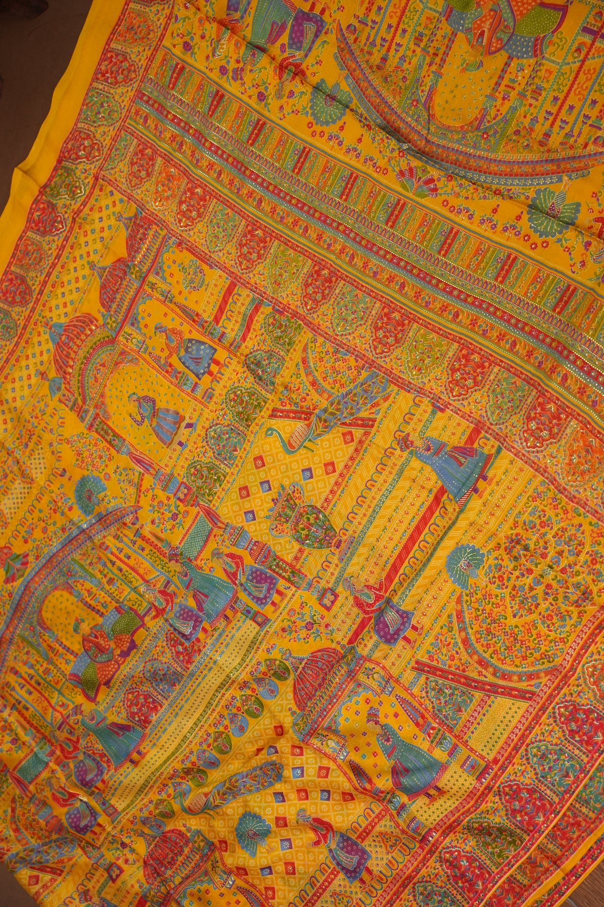 Semi Georgette Saree with Royal Palace Heritage Print – Mustard