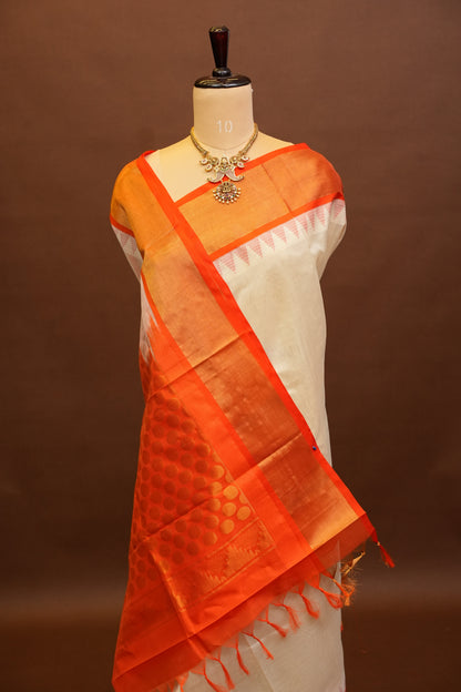 Pure Kuppadam Korvai Pattu Saree-Ivory and Orange