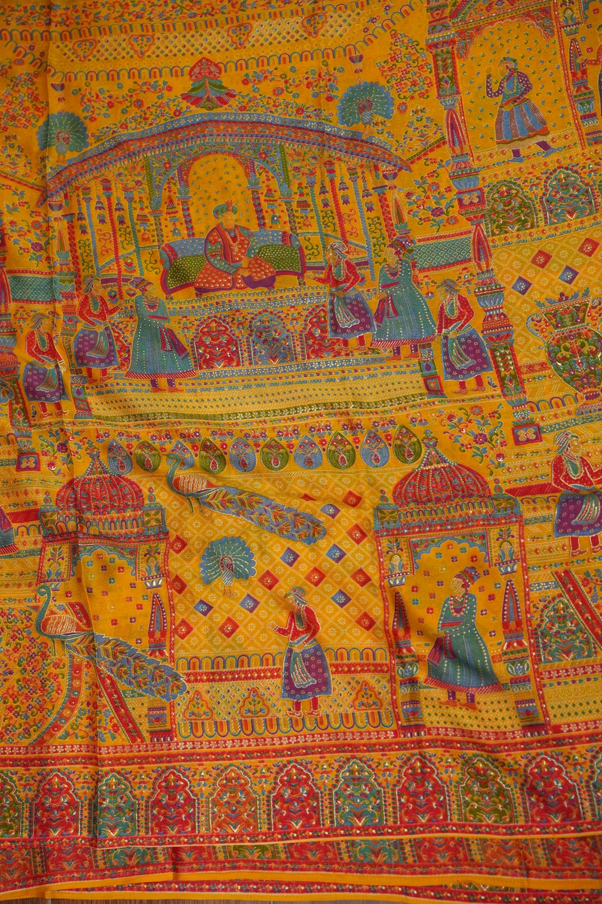 Semi Georgette Saree with Royal Palace Heritage Print – Mustard