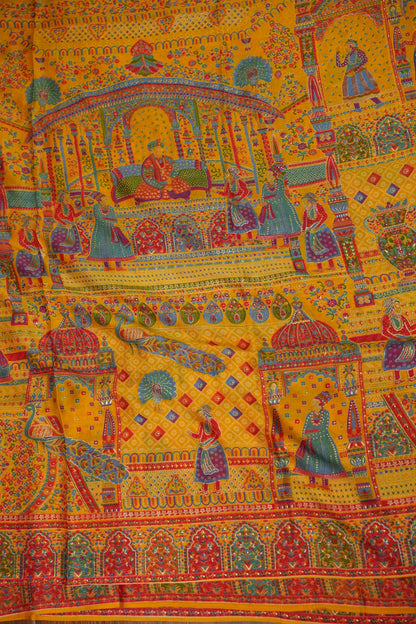Semi Georgette Saree with Royal Palace Heritage Print – Mustard