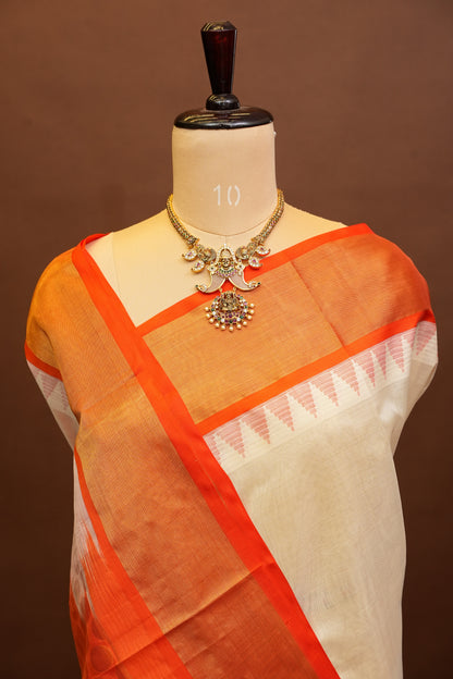 Pure Kuppadam Korvai Pattu Saree-Ivory and Orange