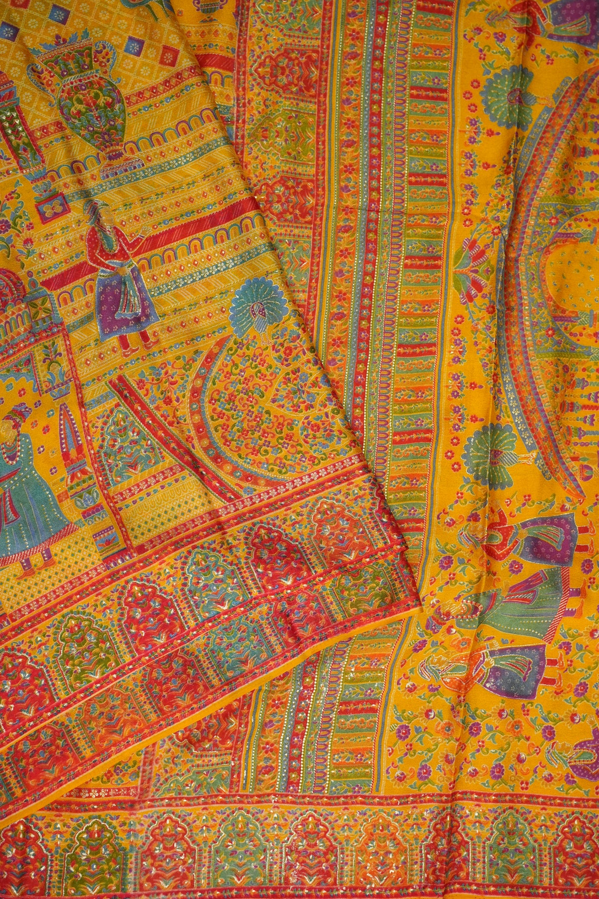 Semi Georgette Saree with Royal Palace Heritage Print – Mustard