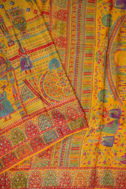 Semi Georgette Saree with Royal Palace Heritage Print – Mustard