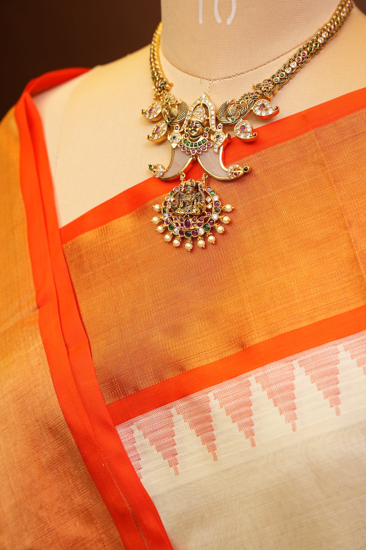 Pure Kuppadam Korvai Pattu Saree-Ivory and Orange