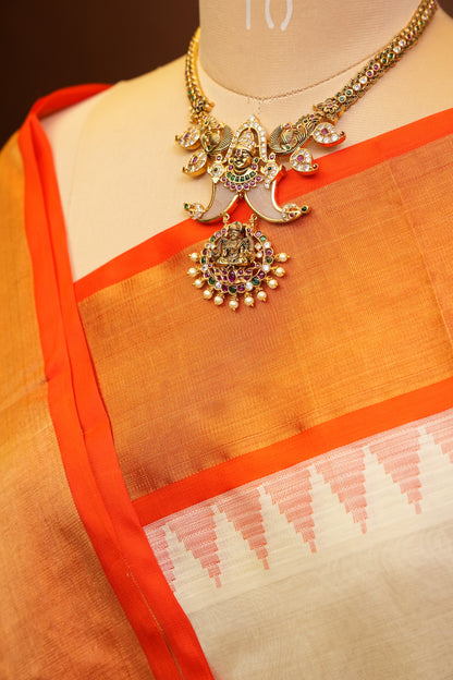 Pure Kuppadam Korvai Pattu Saree-Ivory and Orange