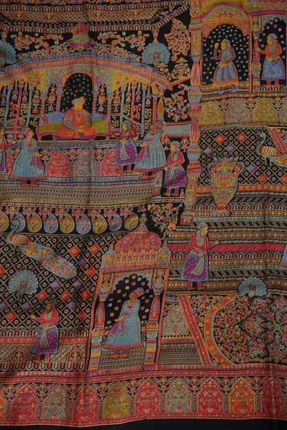 Semi Georgette Saree with Royal Palace Heritage Print – Black