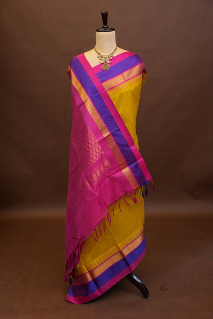 Pure Kuppadam Korvai Pattu Saree-Yellow & Pink