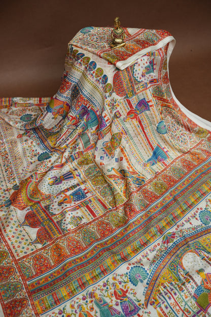 Semi Georgette Saree with Royal Palace Heritage Print – White