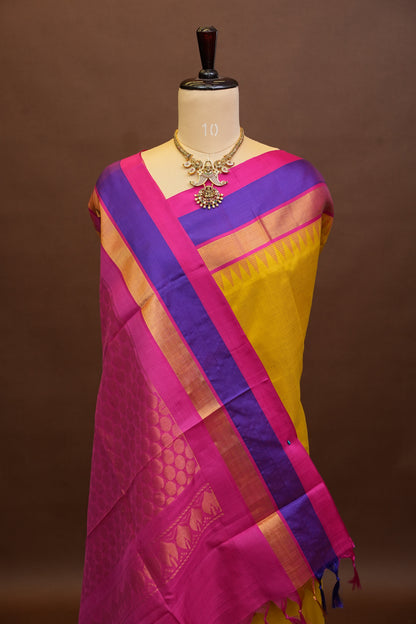 Pure Kuppadam Korvai Pattu Saree-Yellow & Pink