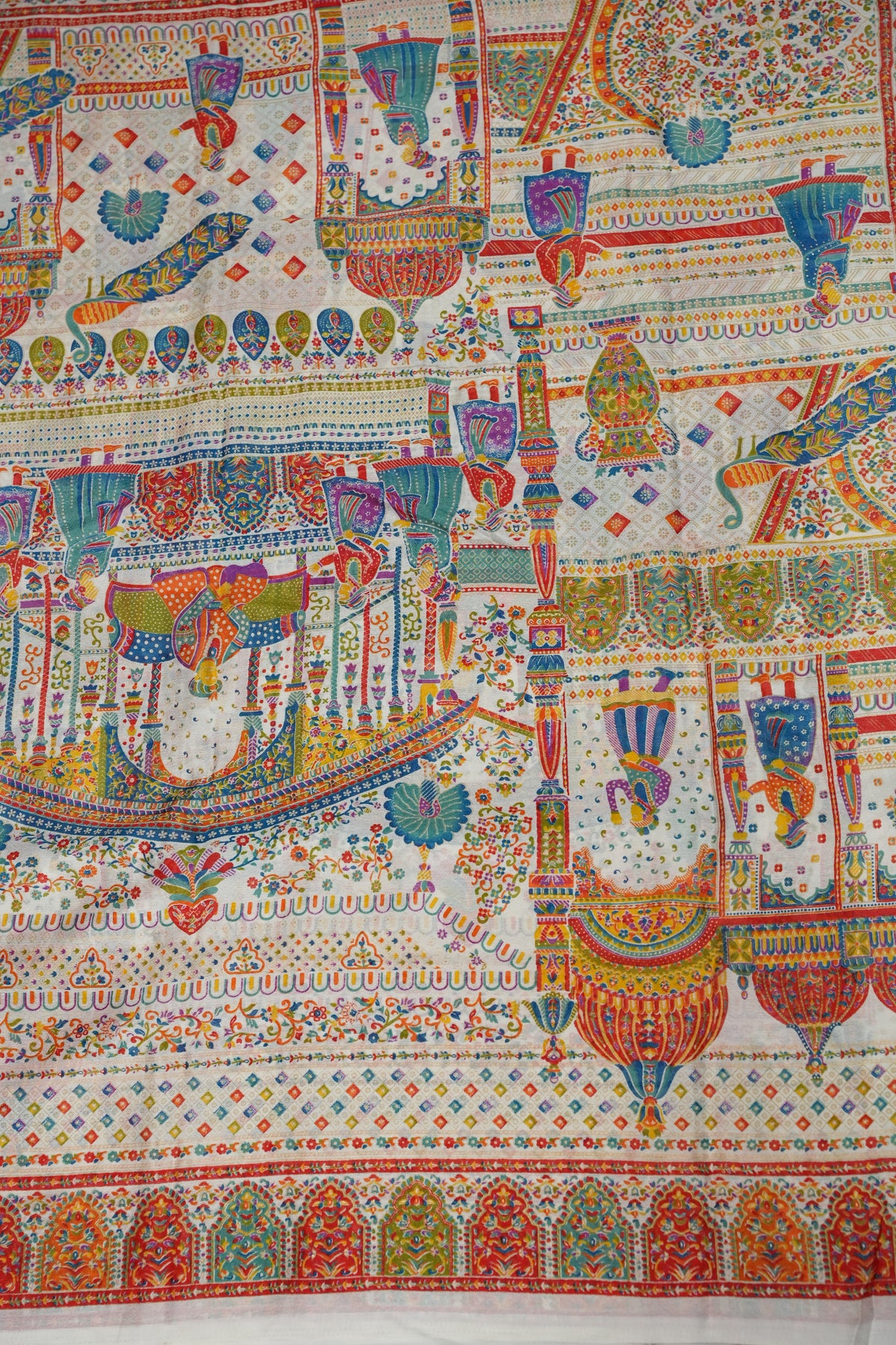 Semi Georgette Saree with Royal Palace Heritage Print – White