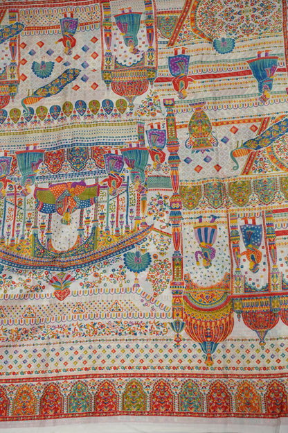 Semi Georgette Saree with Royal Palace Heritage Print – White