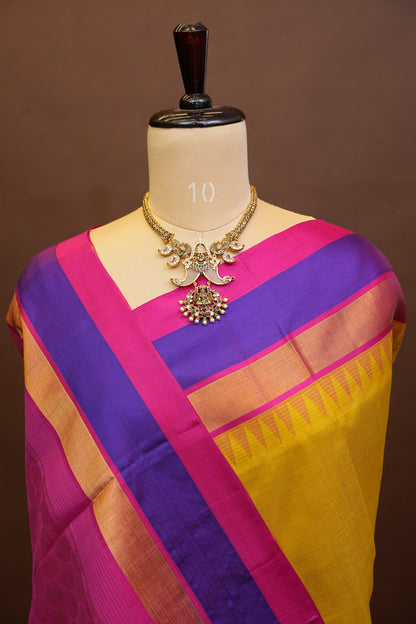 Pure Kuppadam Korvai Pattu Saree-Yellow & Pink