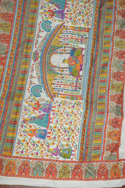 Semi Georgette Saree with Royal Palace Heritage Print – White