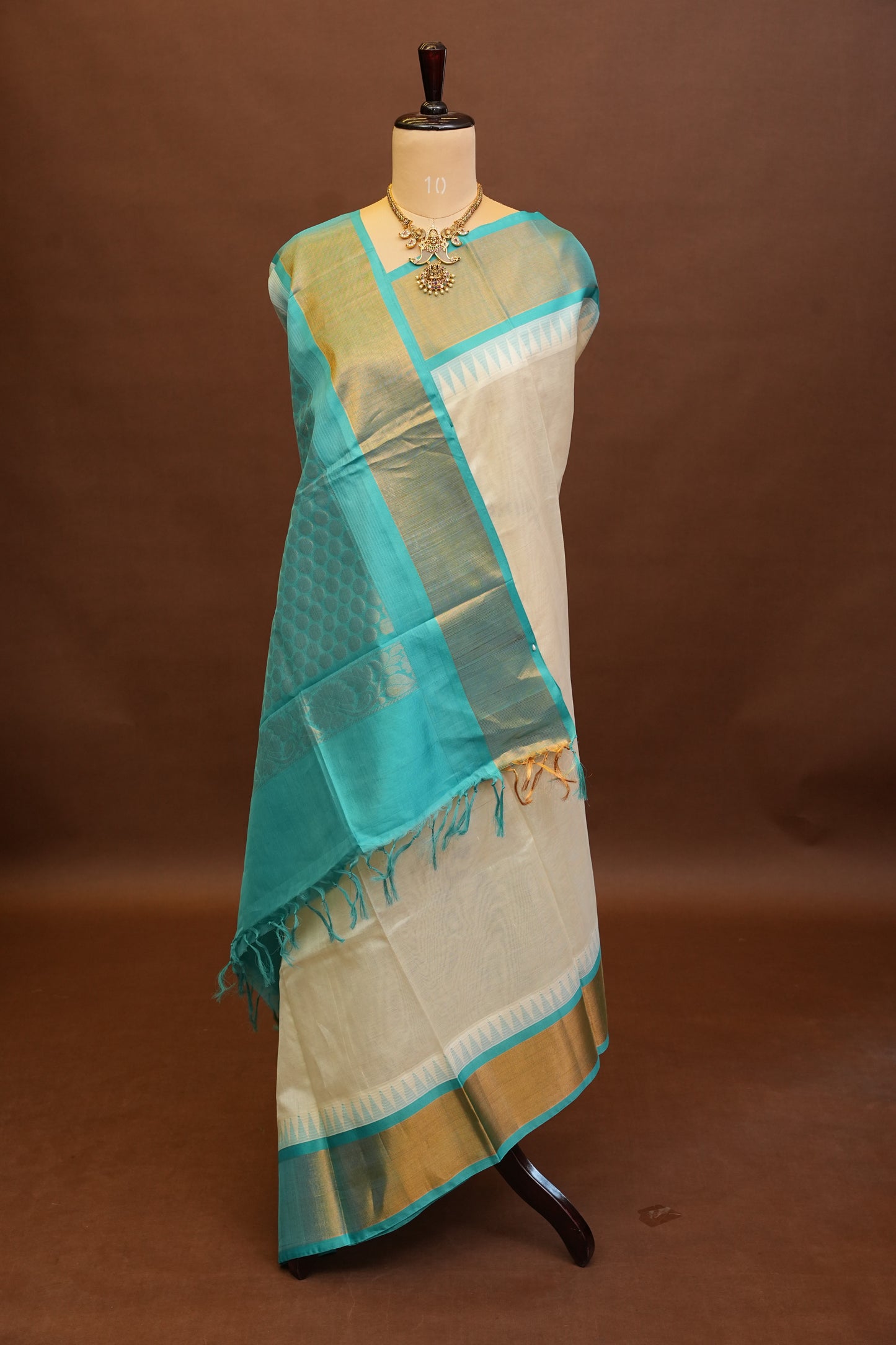 Pure Kuppadam Korvai Pattu Saree-Ivory and Turquoise Green
