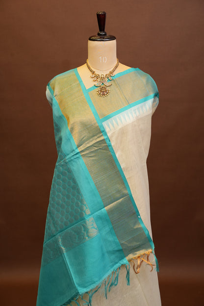 Pure Kuppadam Korvai Pattu Saree-Ivory and Turquoise Green