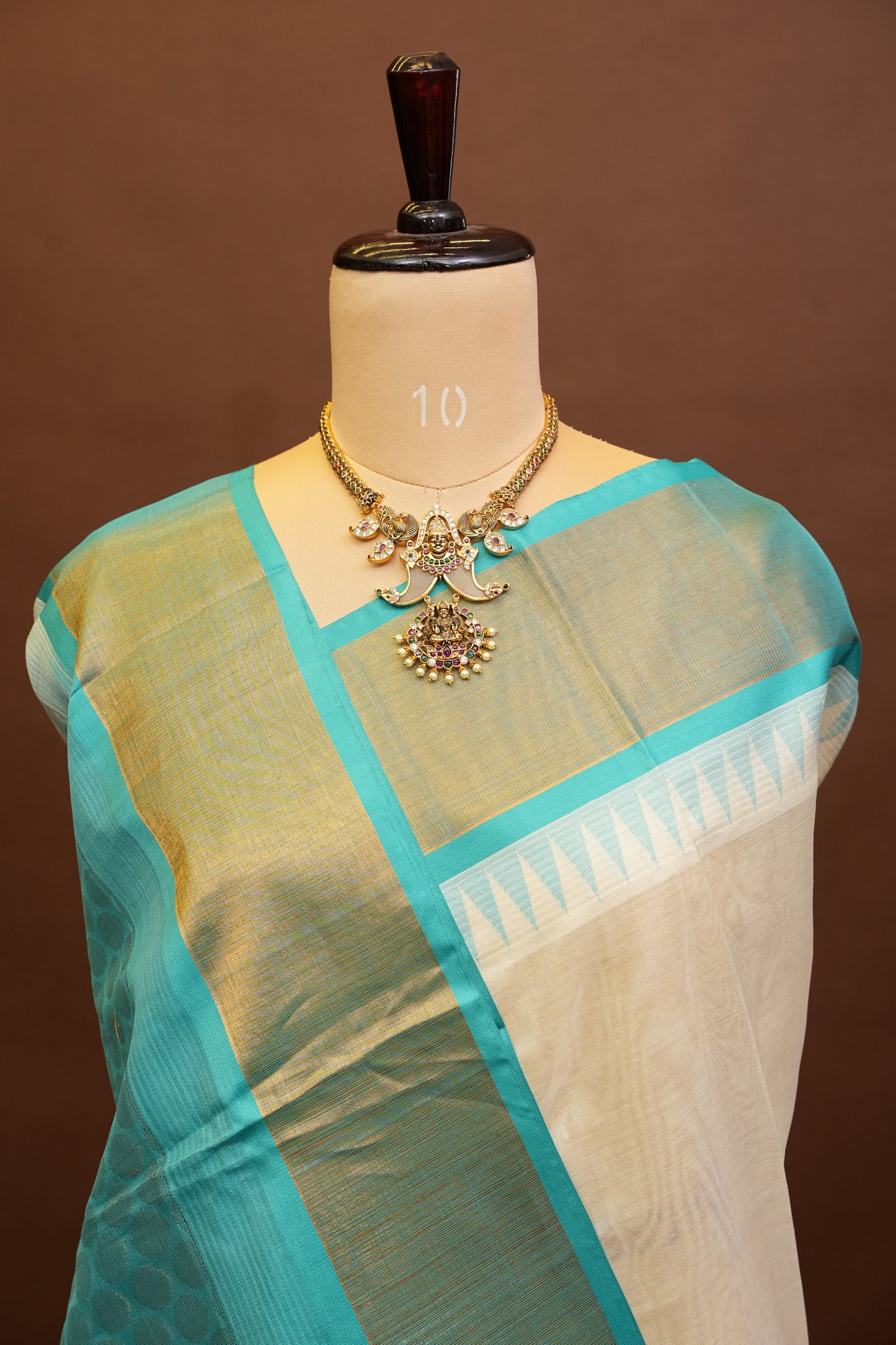 Pure Kuppadam Korvai Pattu Saree-Ivory and Turquoise Green