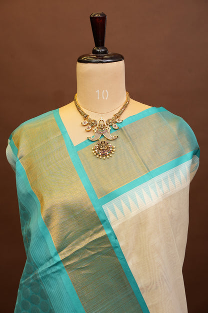 Pure Kuppadam Korvai Pattu Saree-Ivory and Turquoise Green
