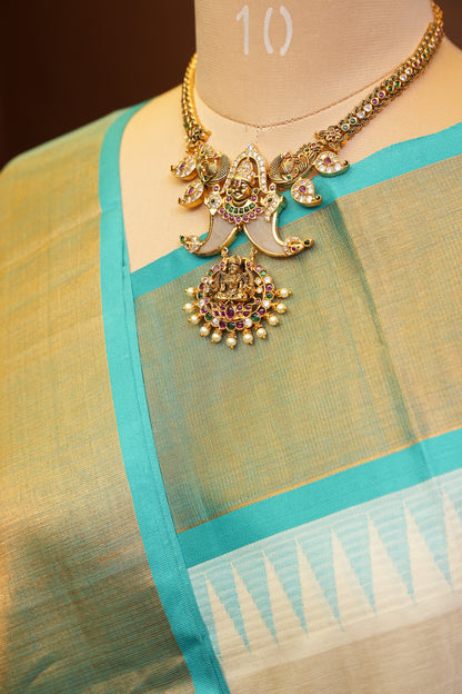Pure Kuppadam Korvai Pattu Saree-Ivory and Turquoise Green