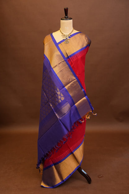 Pure Kuppadam Korvai Pattu Saree-Red & Royal Blue